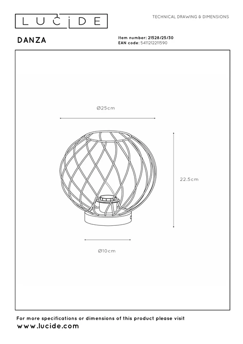 Lucide DANZA - Lampe de table - Ø 25 cm - 1xE27 - Noir - technique